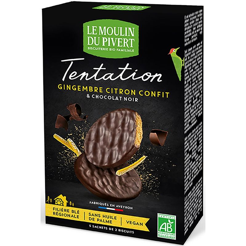 Le Moulin du Pivert Kekse mit Ingwer und Zitrone, umhüllt von dunkler Schokolade - Produktbild