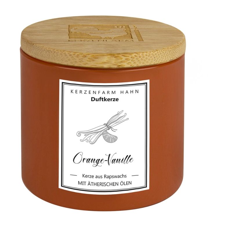 Kerzenfarm Hahn Von Hand gegossene Duftkerze im Glas, orange, befüllt mit  Rapswachs, mit natürlichen ätherischen Ölen beduftet.  Natürlicher Duft Orange-Vanille - Produktbild