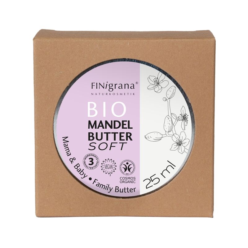 FINigrana® Naturkosmetik FINigrana® BIO MANDELBUTTER SOFT (Mama & Baby) Allround Basis Hautpflege für die ganze Familie, 25ml in handlicher Reisegröße, in recycelbarer Weißblechdose mit Umkarton - Produktbild