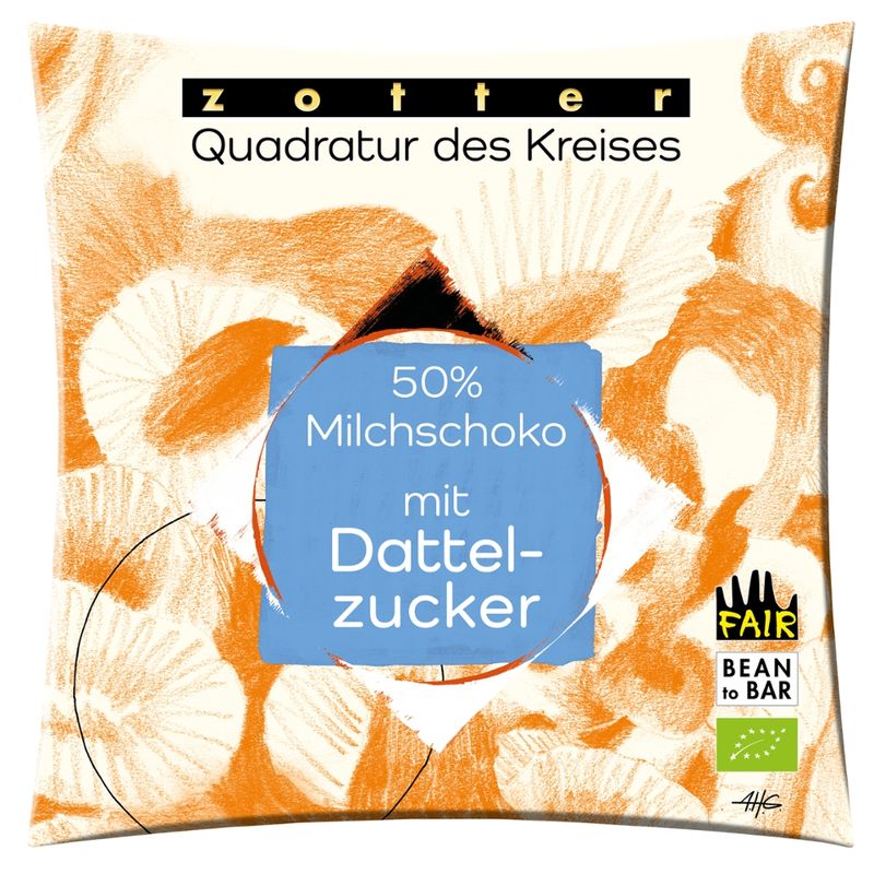 Zotter Schokolade Quadratur des Kreises - 50% Milchschoko mit Dattelzucker - Produktbild