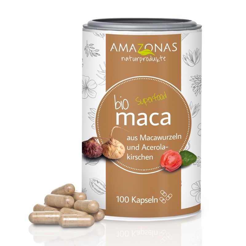 Amazonas Naturprodukte Bio Maca mit Bio Acerola Pulver Kapseln, vegetarische Hülle, 600mg - Produktbild