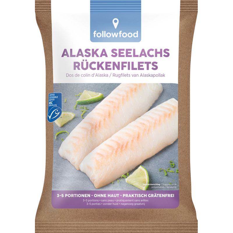 followfood 3-5 Alaska Seelachs Rückenfilets, ohne Haut,  praktisch grätenfrei, portioniert, tiefgekühlt mit Wasserschutzglasur - Produktbild