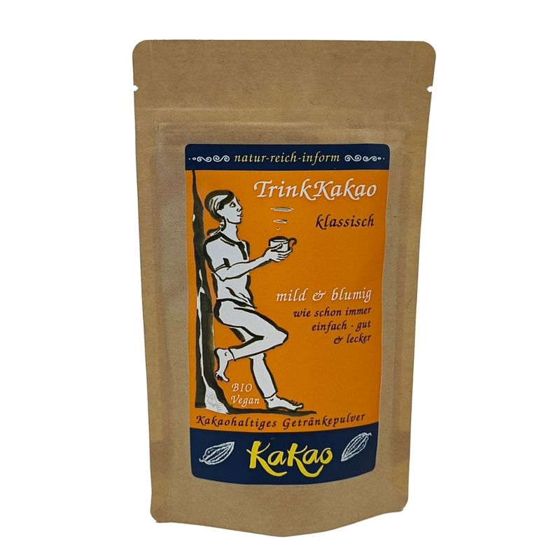 natur-reich-inform TrinkKakao klassisch – kakaohaltiges Getränkepulver - dezent gesüßt.  Mild & blumig  - wie schon immer einfach – gut & lecker. Bio & Vegan. - Produktbild