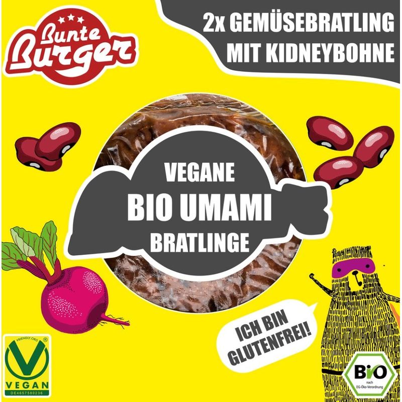 Bunte Burger Bio Bratling Umami Vegan 2x80g - Gemüse Bratling mit Kidneybohne & Rote Bete - Produktbild
