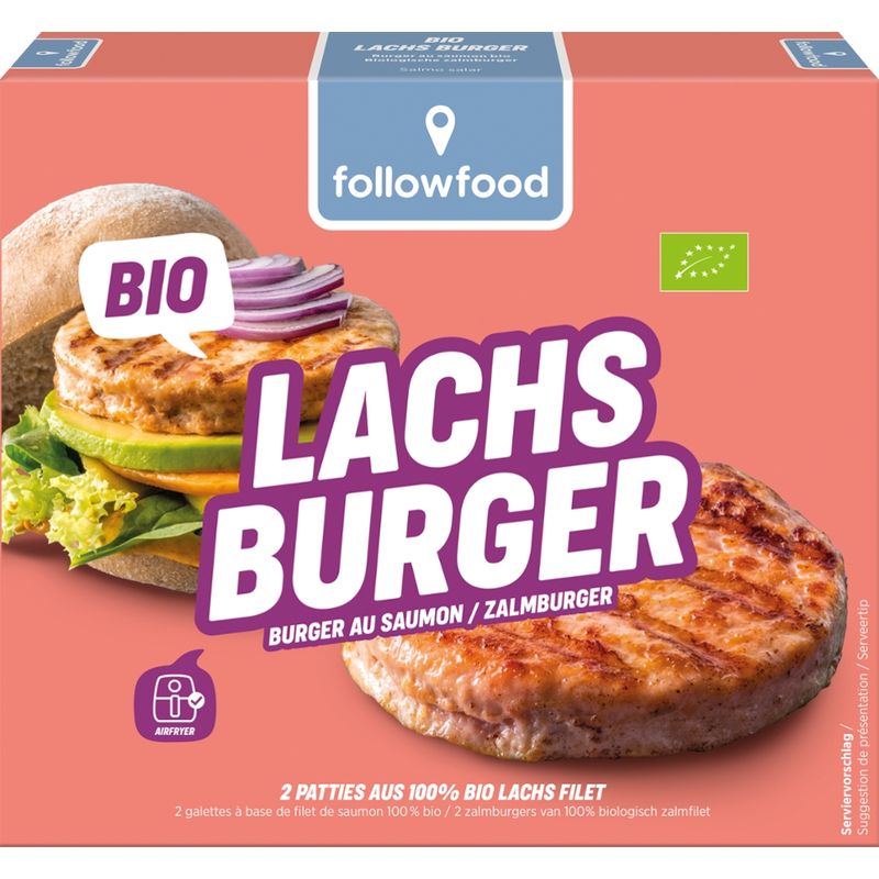 followfood Bio Lachs Burger, 2 Patties aus 100% Bio Lachs Filet, Salmo salar, tiefgekühlt. - Produktbild