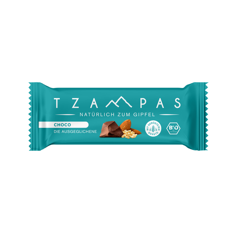 TZAMPAS TZAMPAS Energieriegel Choco - Die Ausgeglichene. Natürlich zum Gipfel. Aus gerösteter Gerste mit Zartbitterschokolade und Mandeln. - Produktbild