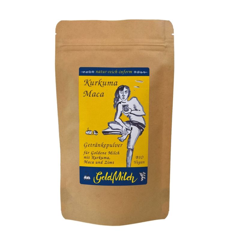 natur-reich-inform GoldMilch - Kurkuma Maca. Ein gewürztes Getränkepulver auf Basis von aromatischerm Kokosblütenzucker mit 16% Kurkuma und 16% Maca für Goldene Milch frei nach der indischen Ayurvedalehre. Geeignet zum Einrühren in Milch oder vegan in Pflanzendrinks. - Produktbild