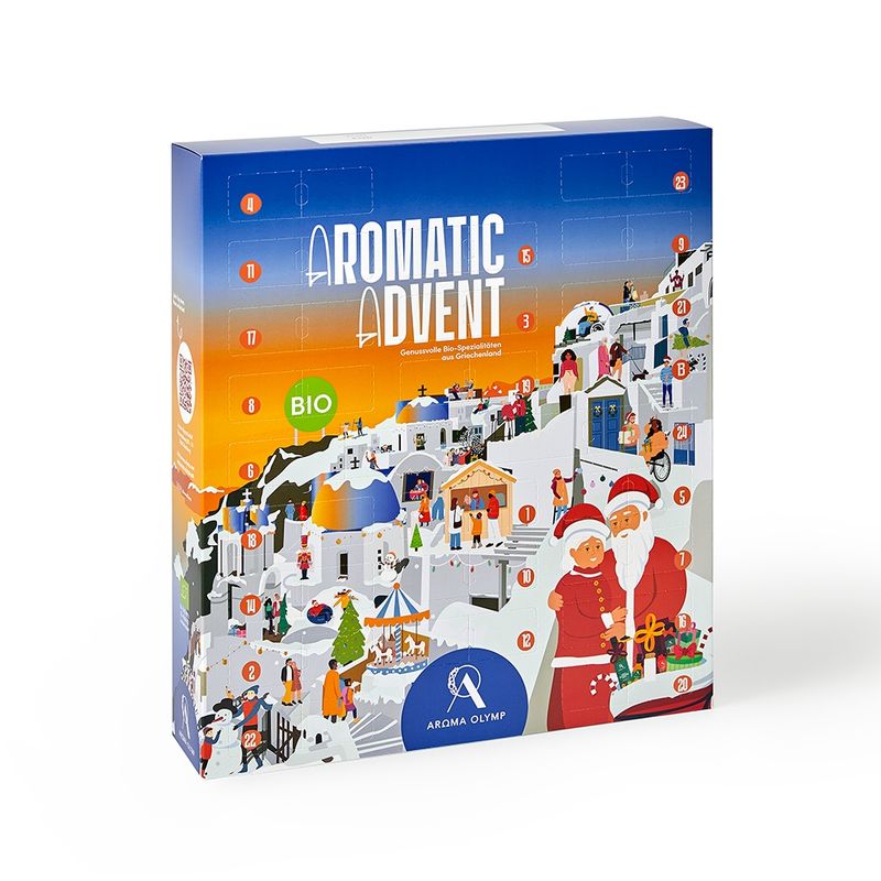 Aroma Olymp Aroma Olymp Bio Feinkost Adventskalender, enthält 13x Balsamico-Kreation, 3x Fruchtsirup, 3x Honig, 4x (Gewürz-)Olivenöl-Spezialitäten, 1x Knoblauch-Spezialität - Produktbild