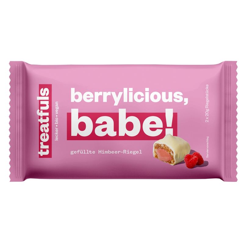 treatfuls BIO-RIEGEL MIT MANDEL, MIT CASHEW-HIMBEER FÜLLUNG UND WEIßEM KAKAOBUTTERHALTIGEM ÜBERZUG. MIT SÜßUNGSMITTEL (2X20G). - Produktbild