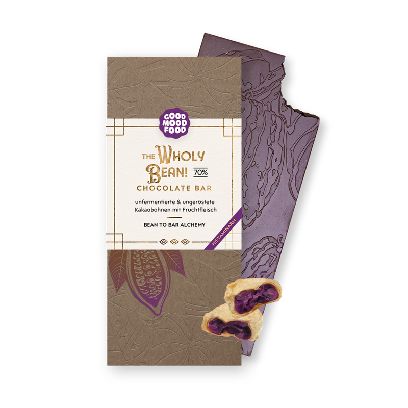 goodmoodfood The Wholy Bean! Chocolate Bar 70% - WELTNEUHEIT: Schokolade aus rohen, unfermentieren Kakaobohnen mit Fruchtfleisch - histaminfreie & vegan - Produktbild