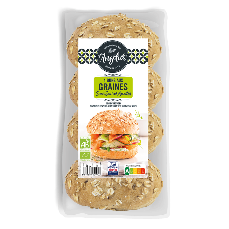 L'Angélus 5 Saaten Burger Buns ohne Zuckerzusatz  4x50g, vegan - Produktbild