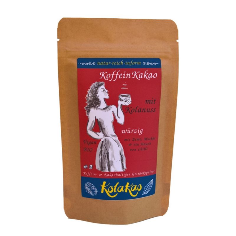 KolaKao KolaKao würzig - der Koffein-Kakao mit Kolanuss aromatisch würzig, dezent gesüßt. Kakao,- und Koffeinhaltiges Getränkepulver mit dem milden Koffein der Kolanuss, gewürzt mit Zimt, Muskat & ein Hauch von Chilli. Bio & Vegan. - Produktbild