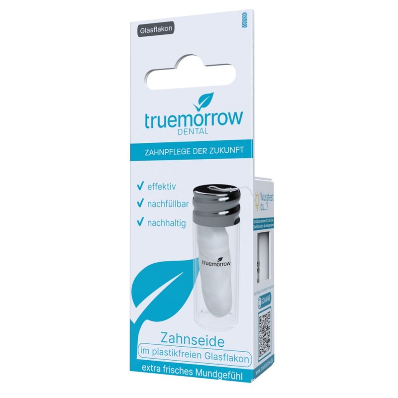 truemorrow Vegane Zahnseide im Glasflakon, plastikfrei und nachfüllbar, 30m, weiß, Minzgeschmack - Produktbild