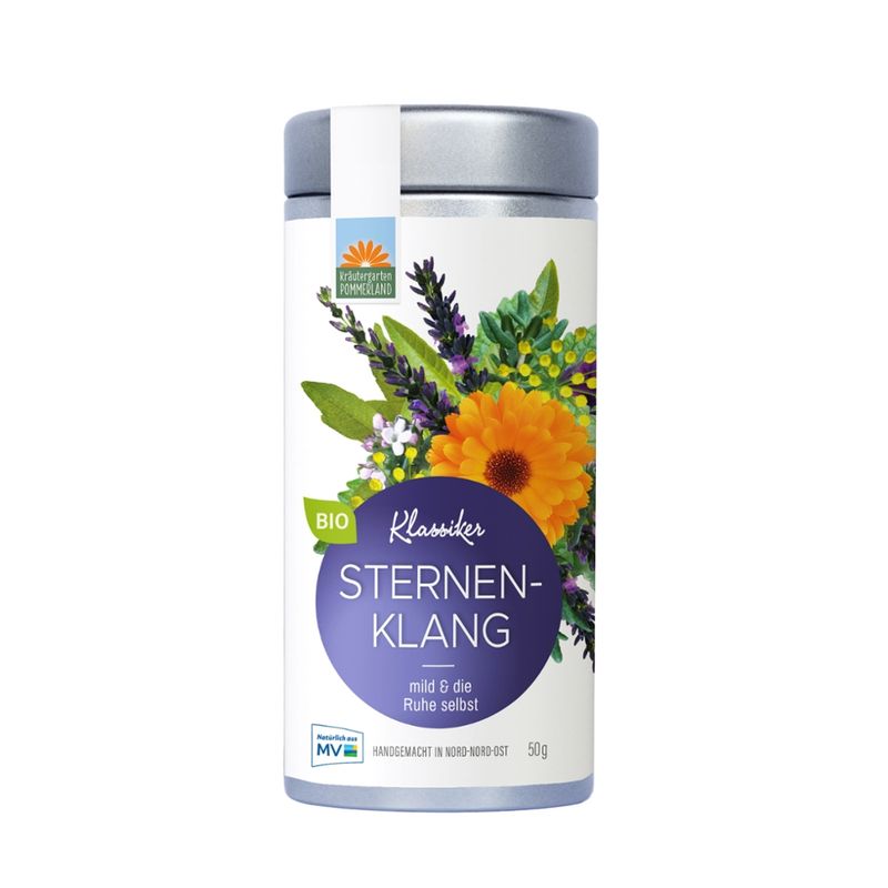 Kräutergarten Pommerland Sternenklang, ausbalancierender Bio-Abendtee in der Vorratsdose - Produktbild