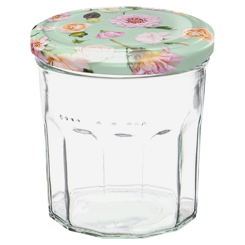Dosen-Zentrale Züchner 324 ml Facettenglas mit 82 mm Caps "Springflower mint rosa" d454 mit EAN-Etikett am Glasboden - Produktbild
