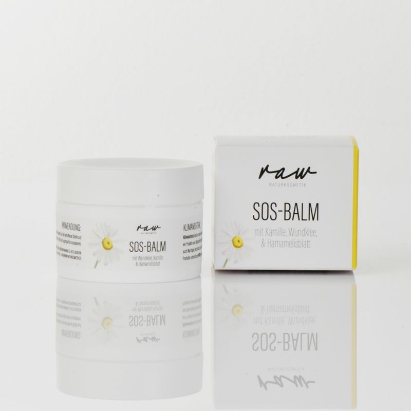 raw Naturkosmetik SOS Bio Balsam mit Kamille, Wundklee & Hamamelis – intensive Pflege für gereizte, trockene Haut, unterstützt die Regeneration, stärkt die Hautbarriere und schützt zuverlässig an Körper, Gesicht und Lippen - Produktbild