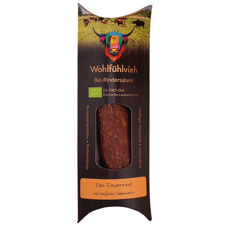 Wohlfühlvieh Premium BioRindersalami, Das Feuerrind, ohne NPS, in Kartonverpackung - Produktbild