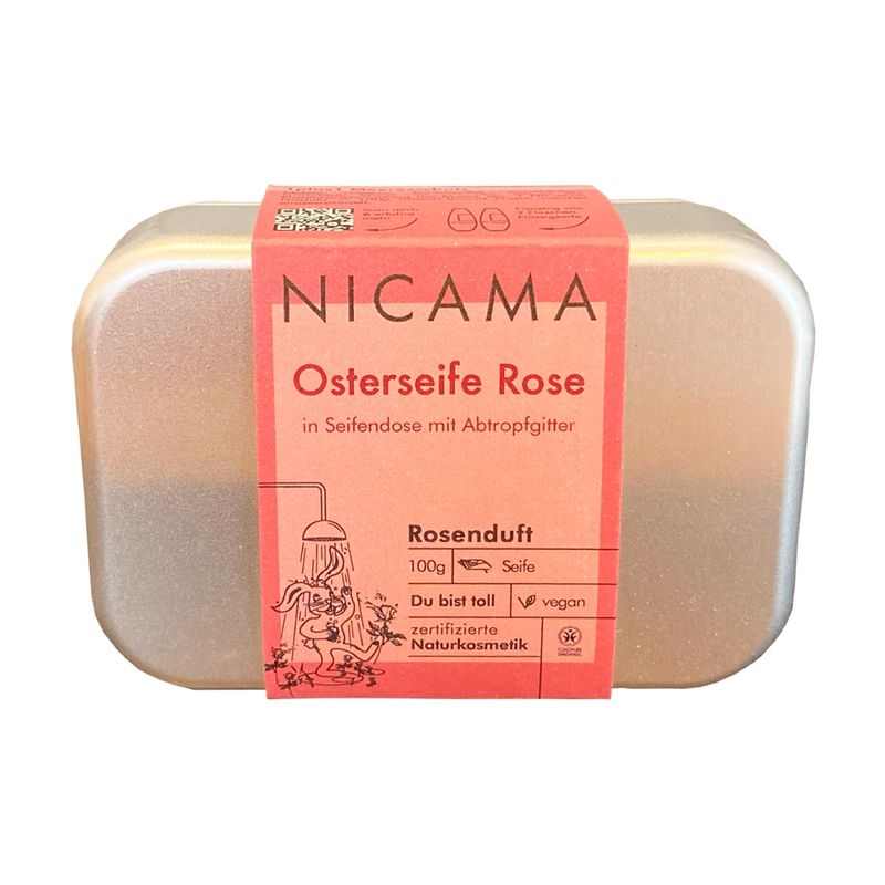 NICAMA NICAMA zertifizierte Osterseife Rose in Seifendose mit Abtropfgitter 100 g - Produktbild