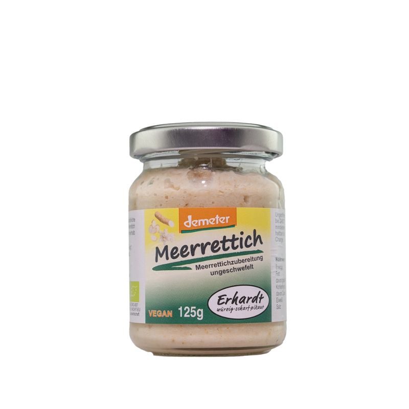 Erhardt würzig • scharf • pikant Demeter Tafel-Meerrettich 125g. Unser Tafelmeerrettich aus eigenem Demeter Anbau überzeugt durch fein abgestimmte Würze und Schärfe.. - Produktbild
