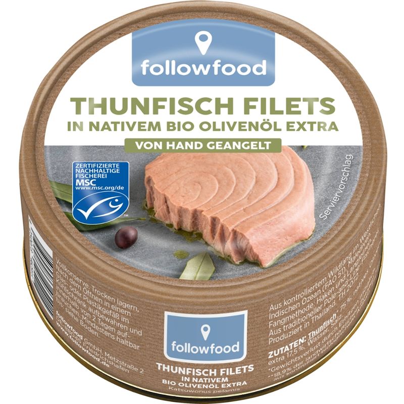 followfood Thunfisch Filets (Katsuwonus pelamis) in nativem Bio Olivenöl extra, aus Angelruten-Fischerei - Lithodose - Produktbild