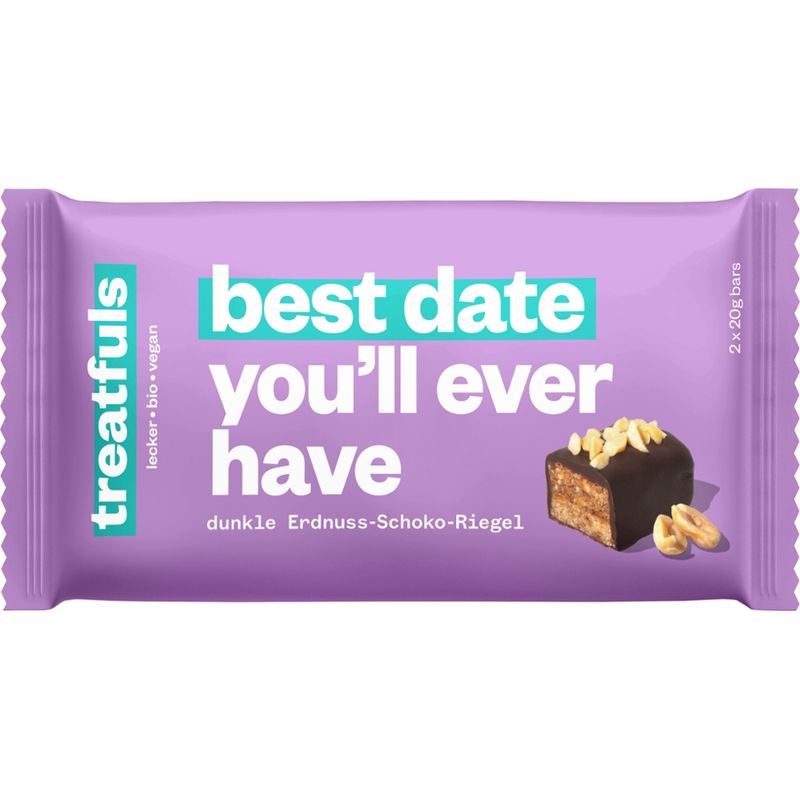 treatfuls BIO-ERDNUSS-HAFER-RIEGEL MIT DUNKLER SCHOKOLADEN-KUVERTÜRE (Kakao: 75% mindestens, in der Schokoladen-Kuvertüre). MIT SÜßUNGSMITTEL. (2 x 20g). - Produktbild