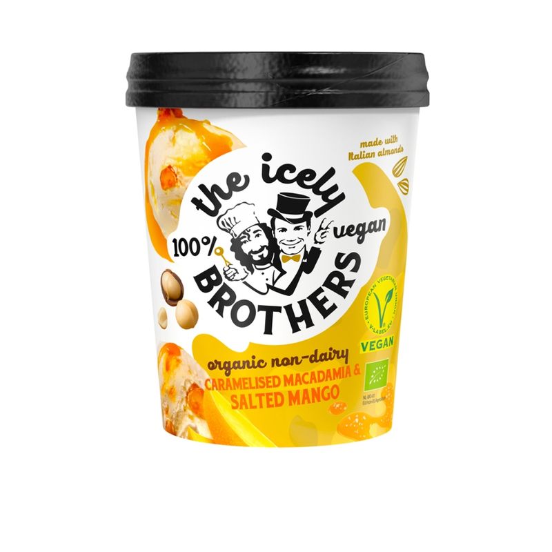 The Icely Brothers The Icely Brothers - Vegan BIO-Eis/Vegan Organic Ice Cream: Karamellisierte Macadamia und gesalzene Mango 460ml - Produktbild