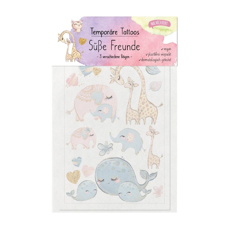 Malmichbunt Nachhaltige Kindertattoos "Süße Freunde" (Koalas, Eulen, Love) - Produktbild