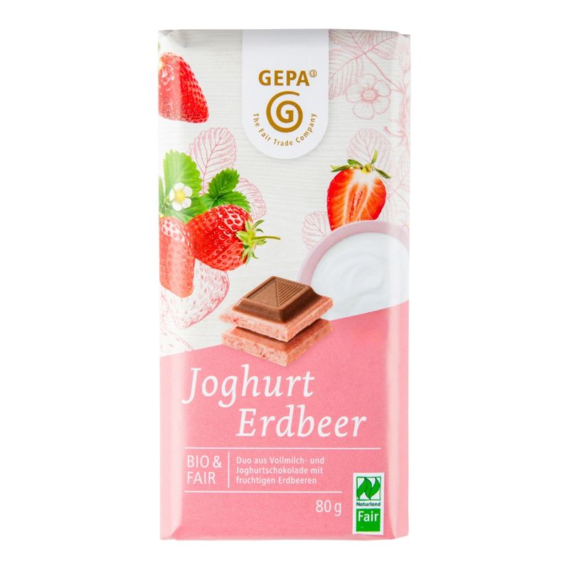 GEPA - The Fair Trade Company Bio Weiße Joghurtschokolade mit  Erdbeerpulver und Vollmilchschokolade - Produktbild