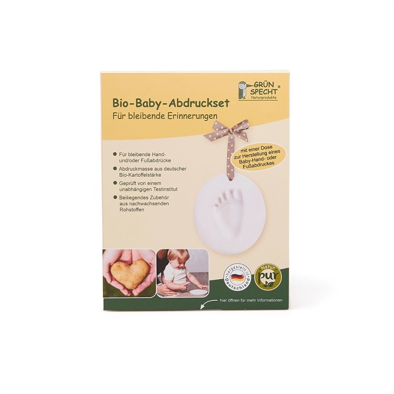 GRÜNSPECHT Naturprodukte GRÜNSPECHT Bio-Baby-Abdruckset Memory für bleibende Hand- und/oder Fußabdrücke, Inhalt: je Dose 150 g, aus deutscher Bio-Kartoffelstärke,Beiliegendes Zubehör (Ausstanzer, Ausroller, zwei Webbänder) aus nachwachsenden Rohstoffen, Hergestellt in Deutschland - Produktbild