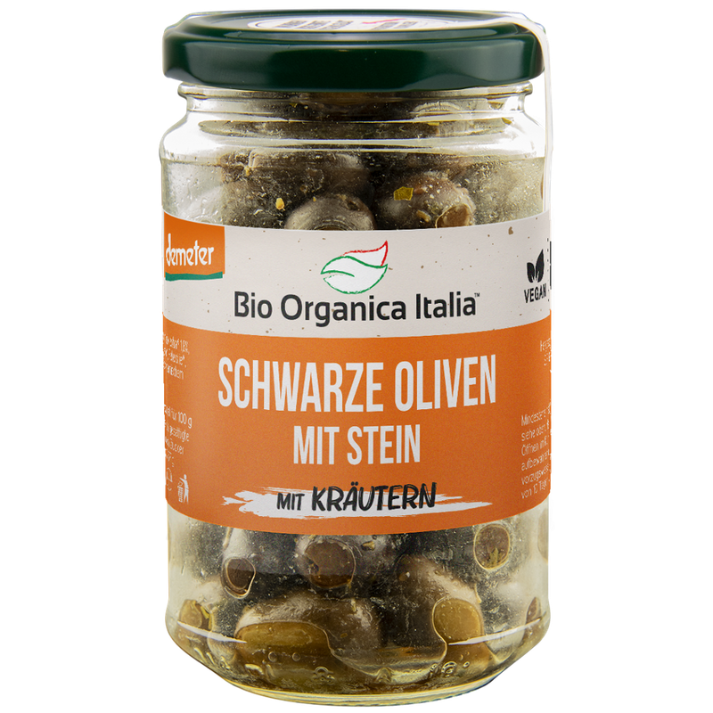 Bio Organica Italia Bio Organica Italia schwarze Oliven mit Stein mit Kräutern DEMETER 220 g - Produktbild