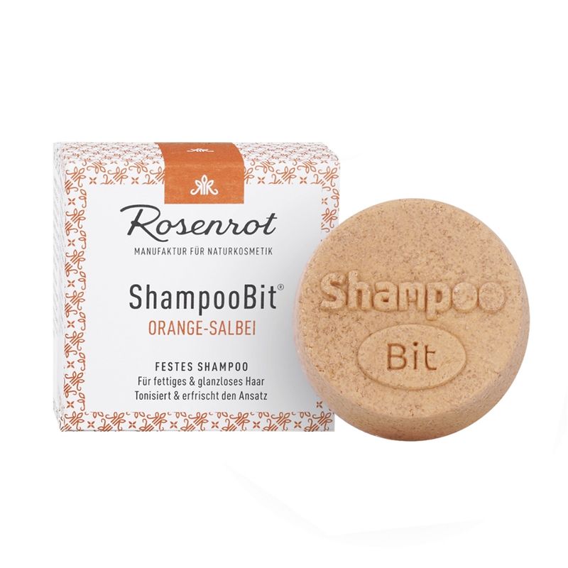 Rosenrot Naturkosmetik festes ShampooBit® Orange-Salbei - 55g - in Schachtel - Dieses fein duftende Shampoo gleicht den Fetthaushalt auf der Kopfhaut aus, tonisiert und wirkt beruhigend. - Produktbild