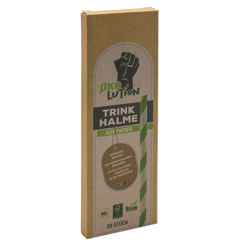 Ökolution Ökolution Papiertrinkhalme weiß-grün gestreift 20 Stück 19 cm  Artikel und Verpackung FSC zertifiziert - Produktbild