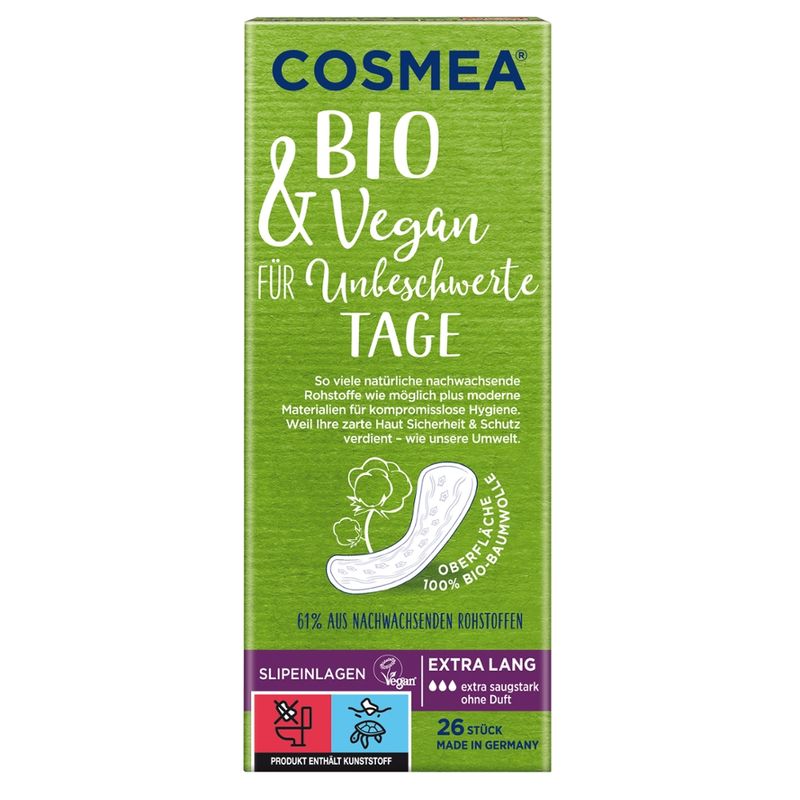 COSMEA®  COSMEA® BIO Slipeinlagen, VEGAN, Extra Lang ohne Duft, 26 Stück - Produktbild