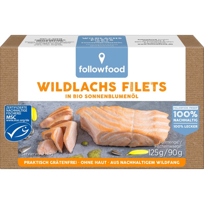 followfood MSC Wildlachs Filets in Bio Sonnenblumenöl, praktisch grätenfrei, ohne Haut, portioniert, aus nachhaltigem Wildfang. - Produktbild