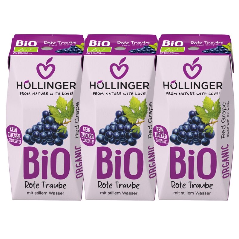 IMS Höllinger Roter Bio Traubendirektsaft 3*200ml mit stillem Wasser. Fruchtgehalt mind. 60%. - Produktbild