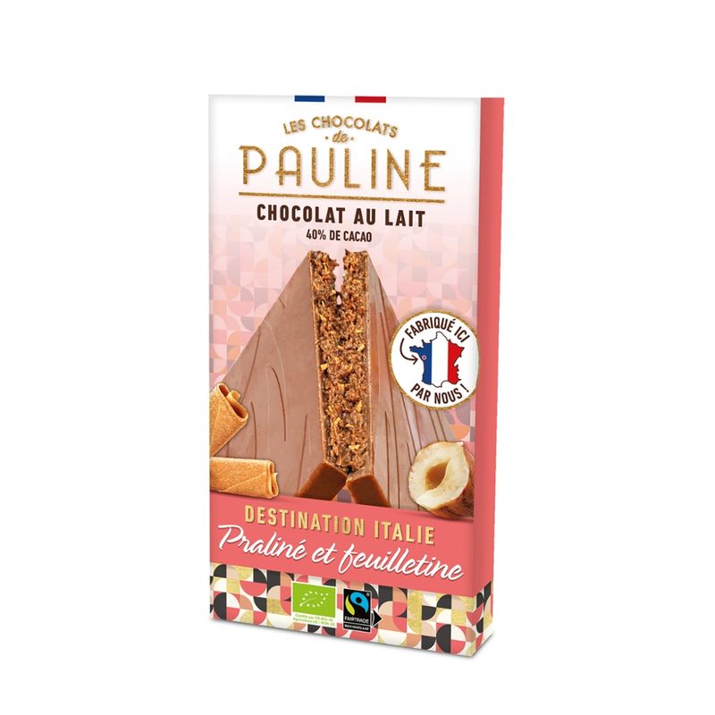 LES CHOCOLATS DE PAULINE Milk chocolate tablet filled with hazelnut praline and pieces of crispy crepes - Produktbild