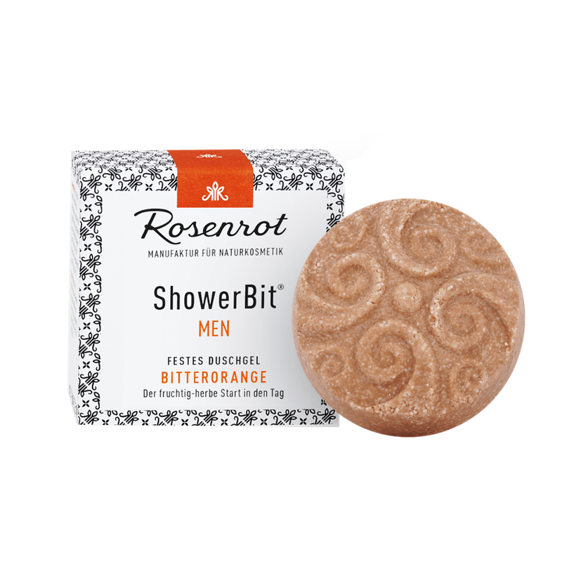Rosenrot Naturkosmetik ShowerBit® - festes Duschgel MEN Bitterorange - 60g - in Schachtel - Mit sanft reinigender Porzellanerde, - Produktbild