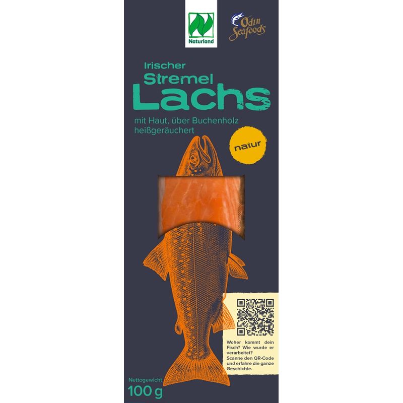Odin Seafoods Naturland Stremellachs 100g, Salmo Salar, heißgeräuhert, gekühlt - Produktbild