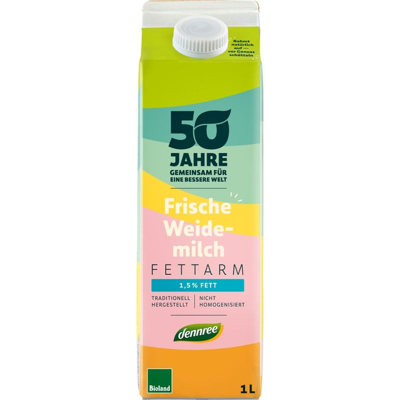 dennree Frische fettarme Weidemilch, 1,5% Fett, traditionell hergestellt, nicht homogenisiert - Produktbild