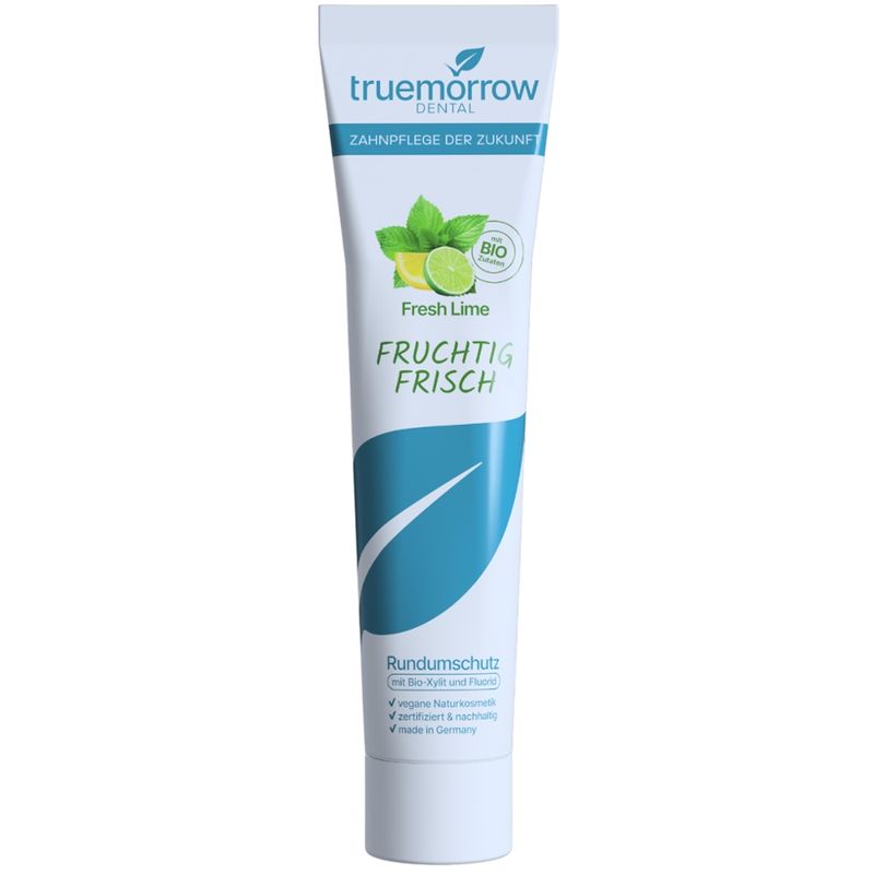 truemorrow Zahnpasta "Fresh Lime", Vegane Naturkosmetik-Zahnpasta: Karies Rundumschutz mit Fluorid & Bio-Xylit. Zertifizierte Naturkosmetik, nachhaltige Verpackung & made in Germany. Geschmacksrichtung: Cool Mint - Produktbild