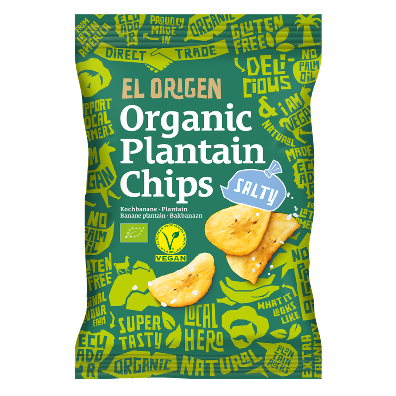 el origen el origen Bio Kochbananen Chips mit Meersalz, 80 g – aus direct trade, bio-zertifiziert, vegan, ohne Palmöl, glutenfrei, ohne Zusätze. - Produktbild