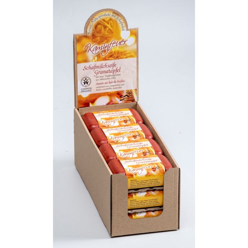 Saling "Kaminfeuer" Schafmilchseife Granatapfel, 100g Stück mit Banderole, cosmos organic zertifiziert - Produktbild