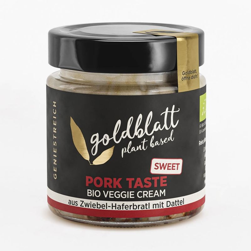 Goldblatt Goldblatt Bio SWEET Pork Taste – Vegane Bio-Creme mit Bratlfett-Geschmack aus Zwiebel-Haferbratl mit Dattel. - Produktbild