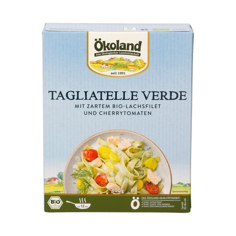 ÖKOLAND Tagliatelle Verde mit zartem Bio-Lachsfilet und Cherrytomaten - Produktbild