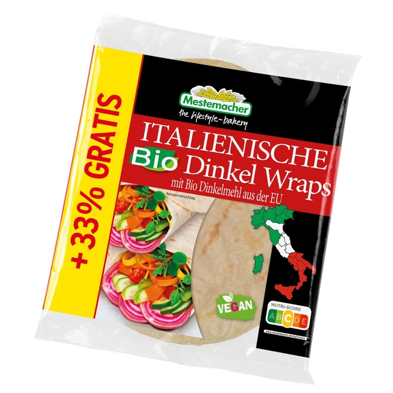 Mestemacher GmbH Italienische Bio Dinkel Wraps +33%, 4 Stck./300 g - Produktbild