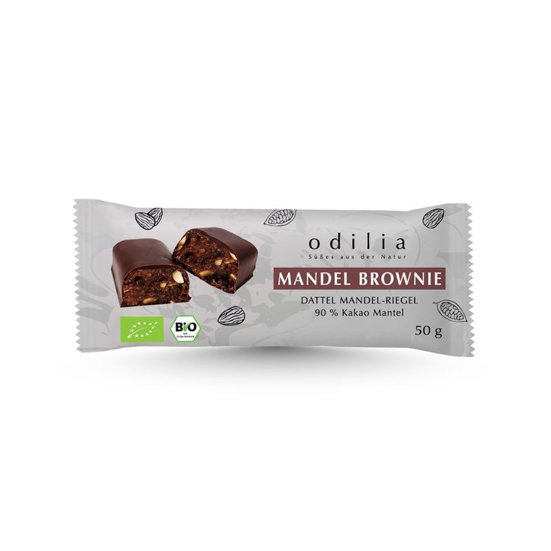 odilia Mandel Brownie Bio Dattel-Schoko-Mandel-Riegel – saftiger Schoko-Genuss, 100 % Bio, vegan, glutenfrei, ohne Zuckerzusatz, gesüßt nur mit Datteln, handgemacht - Produktbild