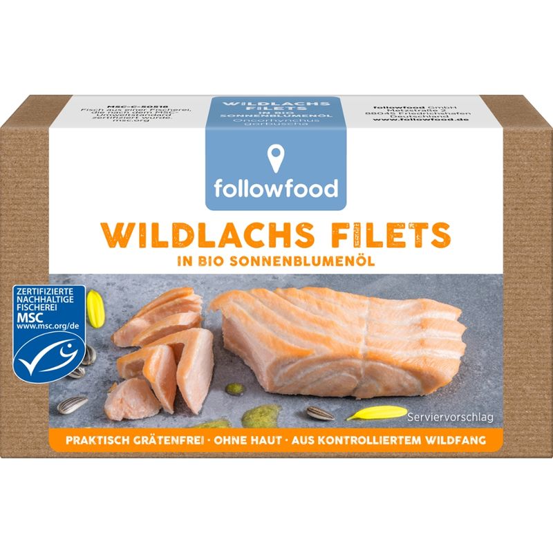 followfood MSC Wildlachs Filets in Bio Sonnenblumenöl, praktisch grätenfrei, ohne Haut, portioniert, aus nachhaltigem Wildfang. - Produktbild