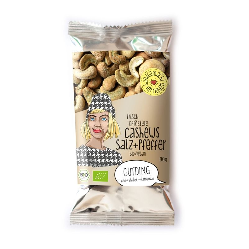 GUTDING Bio-Cashews geröstet, Salz+Pfeffer im PP-Tütchen, ohne Zuckerzusatz, glutenfrei & vegan - Produktbild