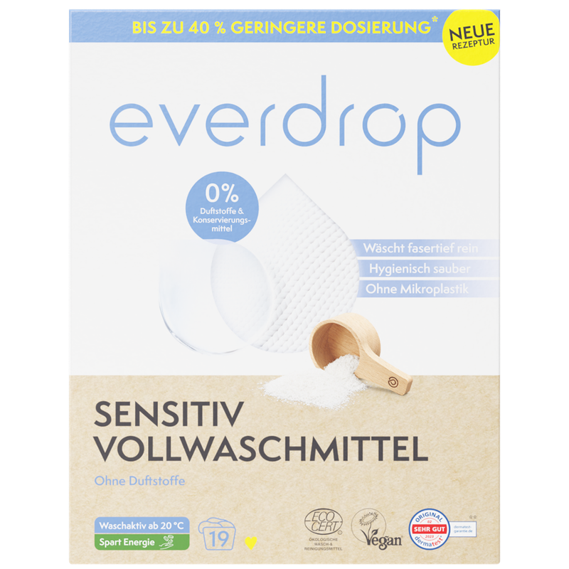 everdrop everdrop Sensitiv Vollwaschmittel für helle und farbechte Wäsche, geeignet für Temperaturen von 20°C - 90°C. Inhalt 19 Waschladungen. - Produktbild