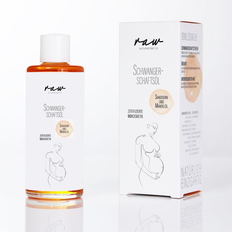 raw Naturkosmetik Bio Schwangerschaftsöl Lavendel mit Hanföl, beruhigt bei Anspannung und hilft effektiv gegen Dehnungsstreifen, klimaneutral, vegan und zertifizierte Bio Kosmetik. Der Ideale Begleiter durch die Schwangerschaft. - Produktbild